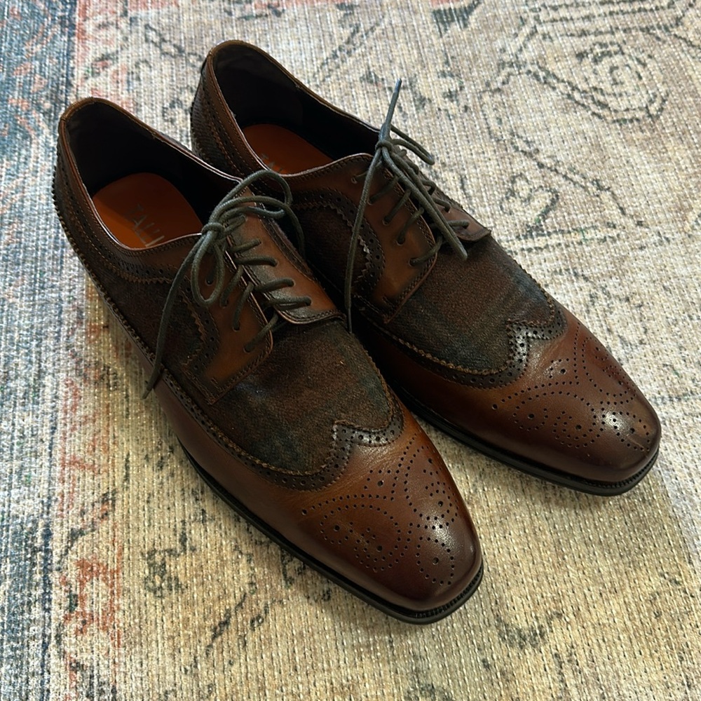 TALLIA Brown Leather Men's Shoes with Plaid Fabric
